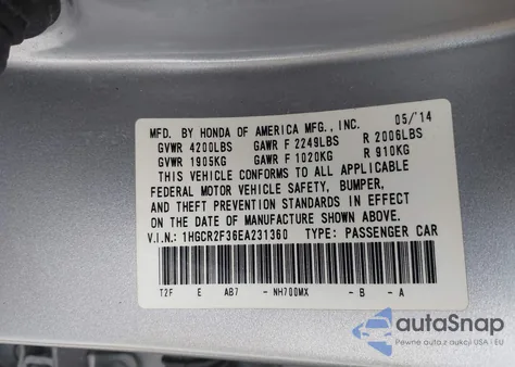 2014 Honda Accord Lx z USA, uszkodzony, nr VIN 1HGCR2F36EA231360
